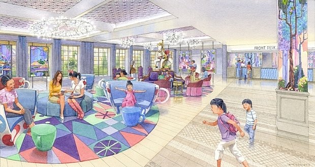 以前に公開された東京ディズニーセレブレーションホテルのロビーのイメージ図。アリスのティーカップ型ソファが確認できますね。