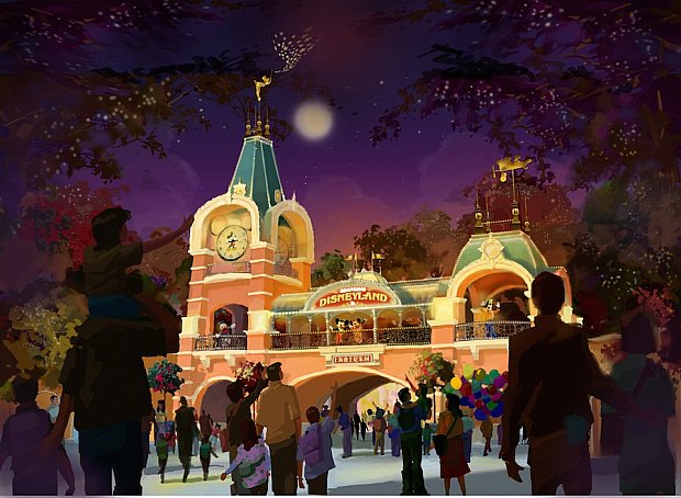 ミッキーアベニューの入口は、本家ディズニーランドのエントランスにある駅舎がモチーフになっているみたいです。(C)Disney