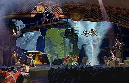 ジャックスパロウ船長が主演の海賊スタントショー「Eye of the Storm: Captain Jack’s Stunt Spectacular」のイメージ図。竜巻で海賊たちが宙を舞う？