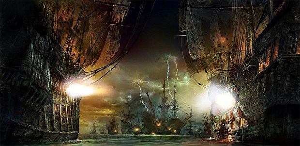 最先端技術を取り入れて生まれ変わるカリブの海賊のイメージ図。海賊船が撃ち合う間をボートが進みます！