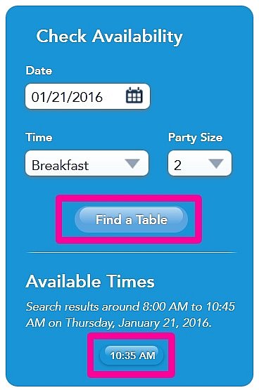 公式ページの空席検索ウインドウ（PC版）の様子。検索すると「Available Times」という欄が出てくるので「10:35 AM」と表示されている時間ボタンをクリックして予約を進めましょう。