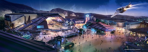 トゥモローランドがマーベルのテーマランドに生まれ変わります。2023年オープンの大型アトラクション（画像左奥）はアベンジャーズだと思われます。