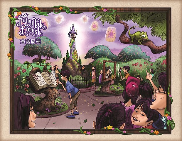 新アトラクション「Fairy Tale Forest」のイメージ図。ラプンツェルの塔やパスカルがいます。