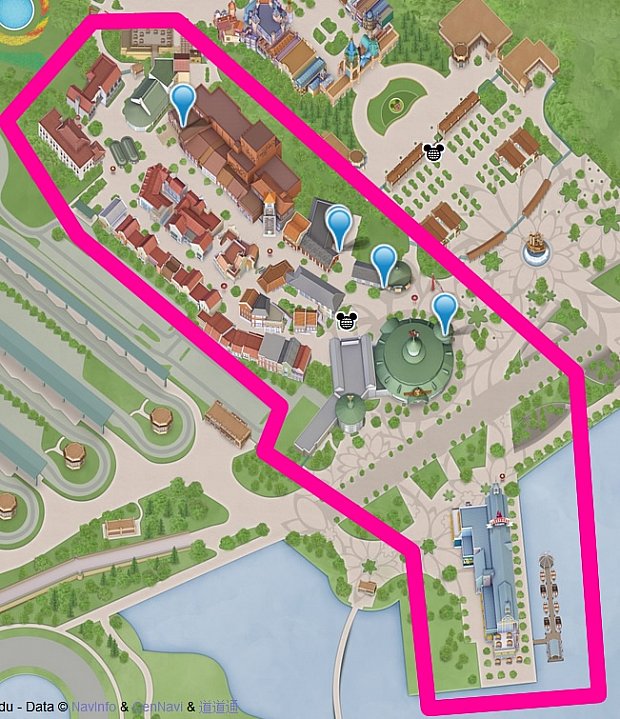ディズニータウンのマップ。パーク直結の裏ゲートもあり、パーク内からのアクセスも良いです。