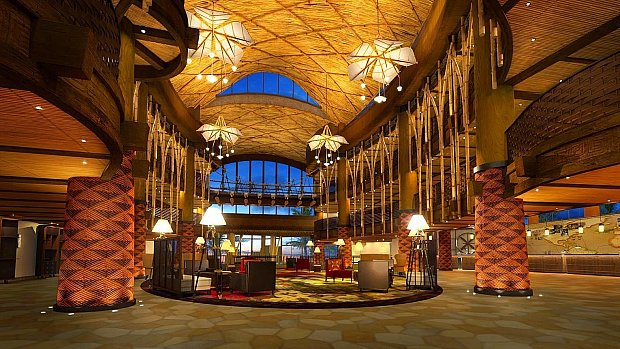 2015年1月に起工式が行われた新ディズニーホテル「Disney Explorers Lodge」のロビーのイメージ図。2017年前半にオープン予定。