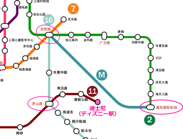 上海浦東国際空港からディズニー駅までの路線図