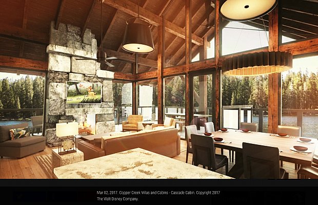 この大きなリビングルームからの絶景‼︎石造り風の暖炉と木造の天井が山小屋風の雰囲気を醸し出しています。Copyright 2017 The Walt Disney Company.