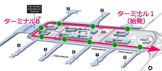 ロサンゼルス空港（LAX）のターミナルMAP。ピンクの線はDisneyland Resort Expressの乗車ルート。