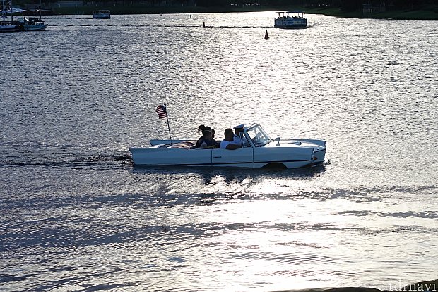 これが新アトラクション「AMPHICAR SWIMS」。水陸両用のオープンカーで湖をドライブできます。