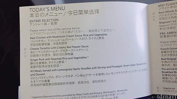 国際線は席にメニュー、スリッパ、アイマスク、ひざ掛け、クッションが置いてあります。