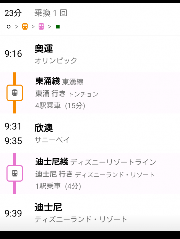 【ホテル最寄り駅→ディズニー駅】
乗車時間は20分もないです。乗り換え1回は楽でよかったです♪