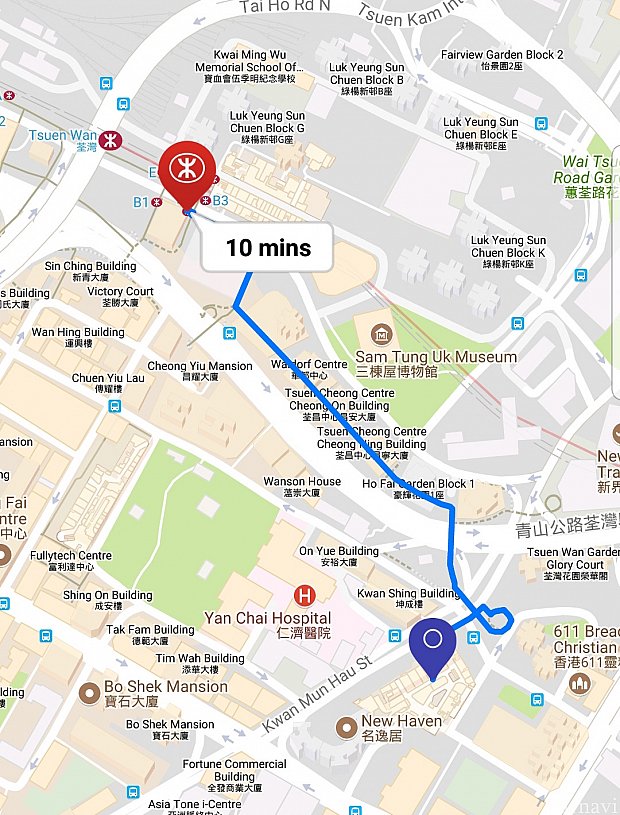 茎灣からのルートも載せておきます。屋根付き歩道橋+いくつものビル内を突っ切るスタイルなので雨の日でも濡れずに済みます。
