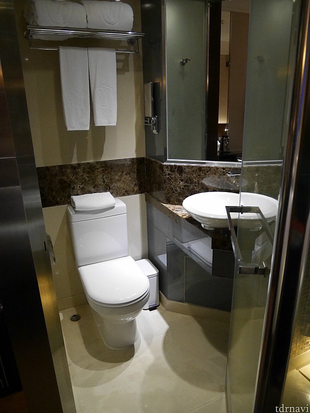 洗面所とトイレはかなり狭め。洗面器が小さかったので、顔を洗うとびしょびしょに😅