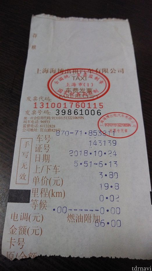 行きのレシート66元