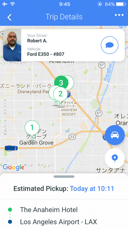 ピックアップ到着までの車のルートがアプリで確認できます。