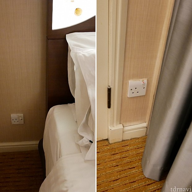 片方の枕元に電源がありました。コンセントはBFタイプです。
反対側は窓側に。左に見える扉はコネクティングルームにする際の扉です。