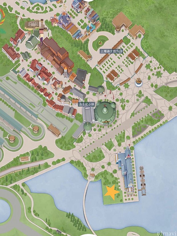ディズニータウンの湖となり、☆印の湖畔広場。