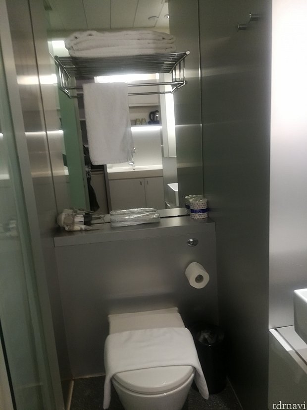 洗面台の隣にはトイレ。
トイレの上の棚にドライヤー、スリッパ、タオルがありました。