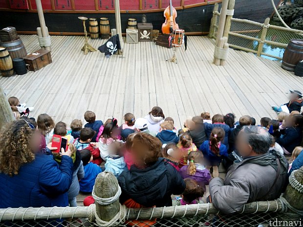 1段目の前に子ども・後に大人がいます。今は座ってますが、ショーがはじまると子ども達は立って参加します。また1段目と2段目の間に岩と湖があるので物を落とさないよう注意してください。