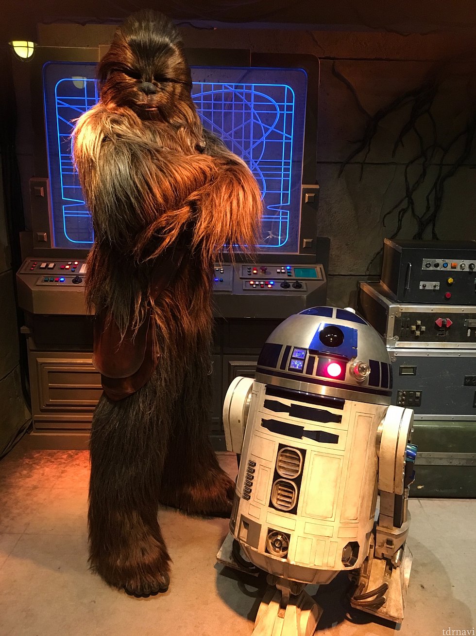 チューバッカ&R2-D2が一緒にいる時がいいかなと思ったので、時間を調べていきました。実際は5分も待たずに会えたと思います