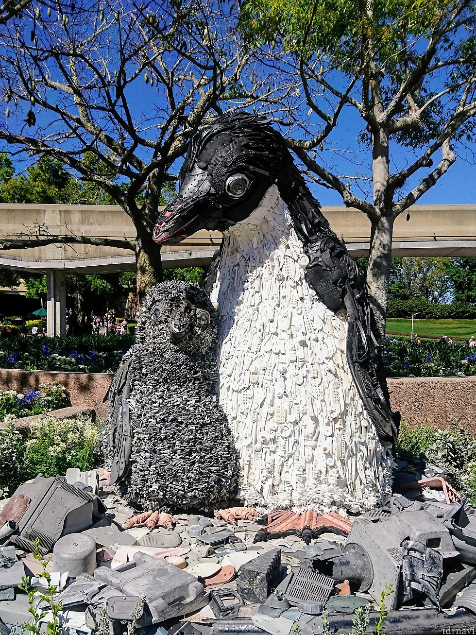 Washed Ashore Penguin Sculpture(42)フューチャーワールド、ランド館近く
このペンギンの親子は廃棄物から出来てます。