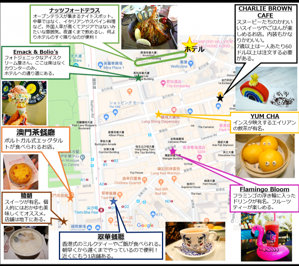 ホテル近くのお店で、オススメのお店の一部をピックアップしました。(2019年1月時点の位置)
ガイドブックでは中環と書かれている店も、尖沙咀にもあったりします。尖沙咀だけでかなり香港を満喫できると思います。
見えにくいと思うので、詳細は調べてみてください。行くときは通りの名前を覚えておくと分かりやすいです。