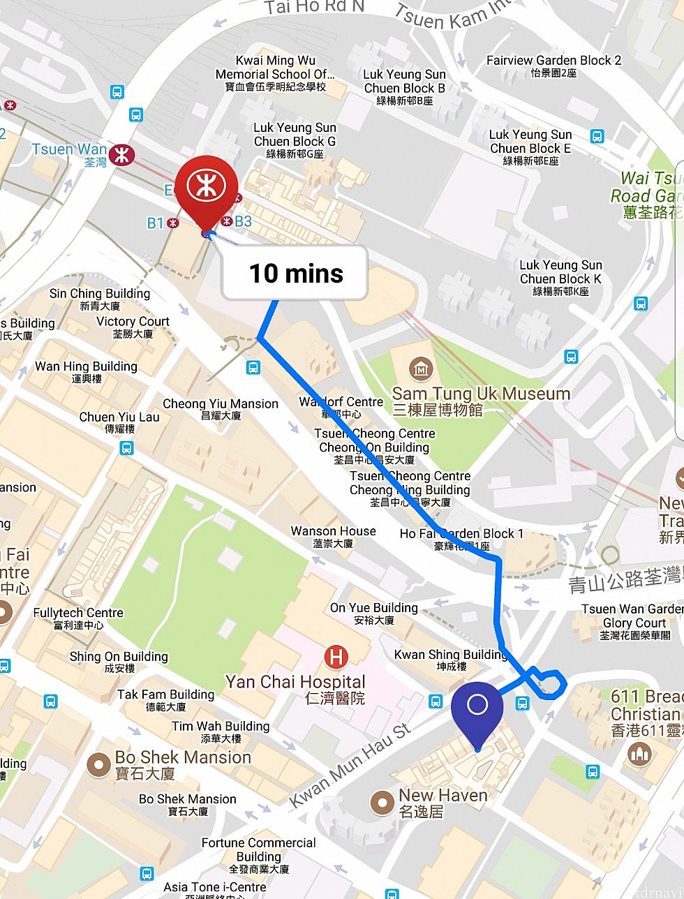 茎灣からのルートも載せておきます。屋根付き歩道橋+いくつものビル内を突っ切るスタイルなので雨の日でも濡れずに済みます。