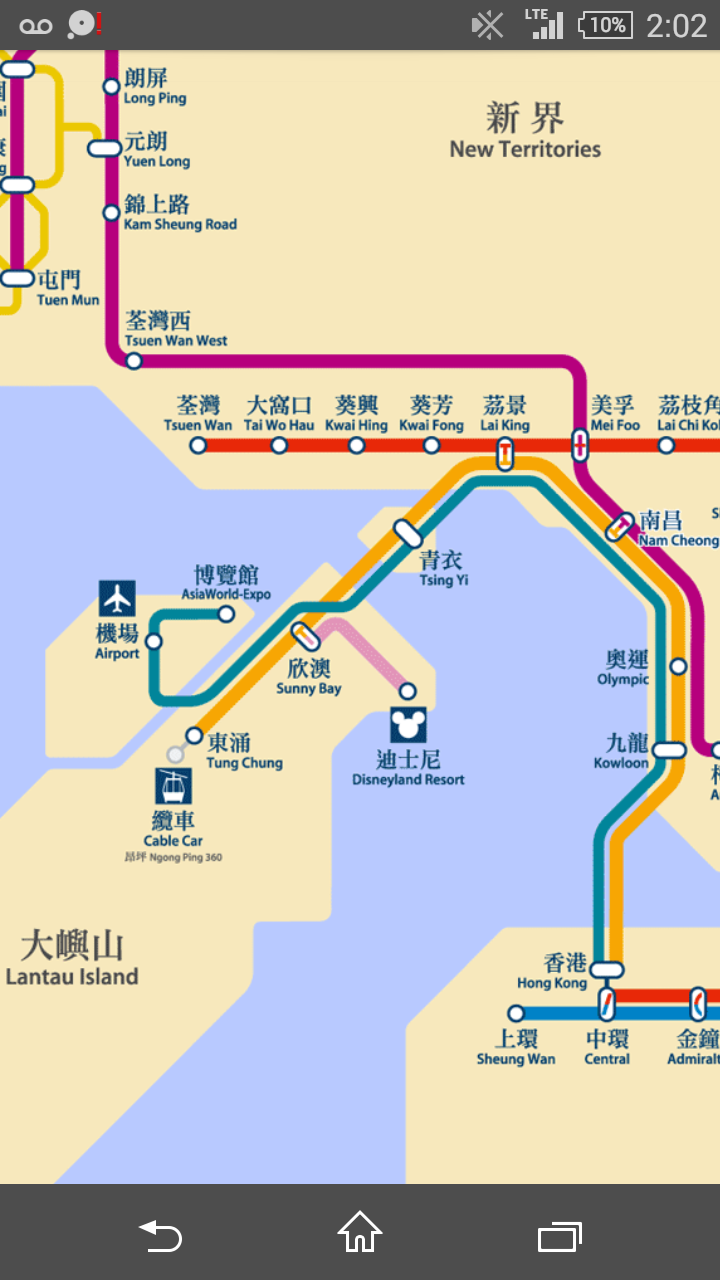 路線図。ディズニーから空港は近いので、チムサーチョイや中環あたりに宿泊、もしくは遊びたい人向けですね。