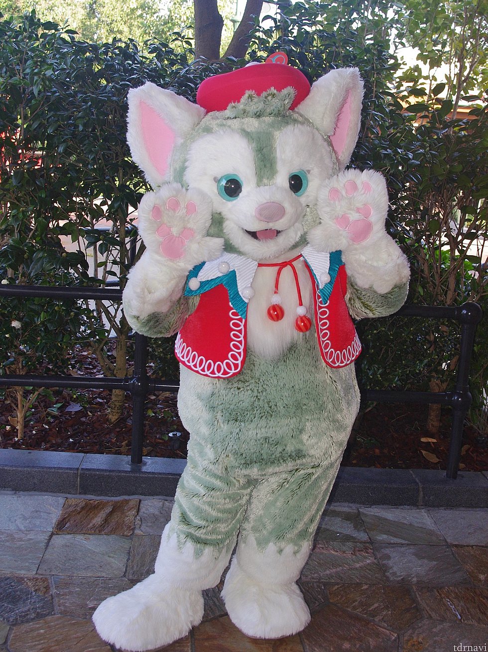 1日目(土曜日)
最初に会えたのはジェラトーニ♡
9:10に並び、15分待ち。
紐の先が丸いキャンディ?帽子にイニシャルも付いてます♡