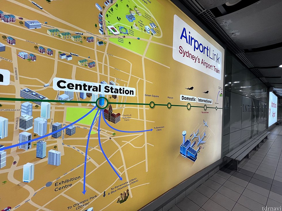 Airport Linkの路線図とInternational stationの乗り場