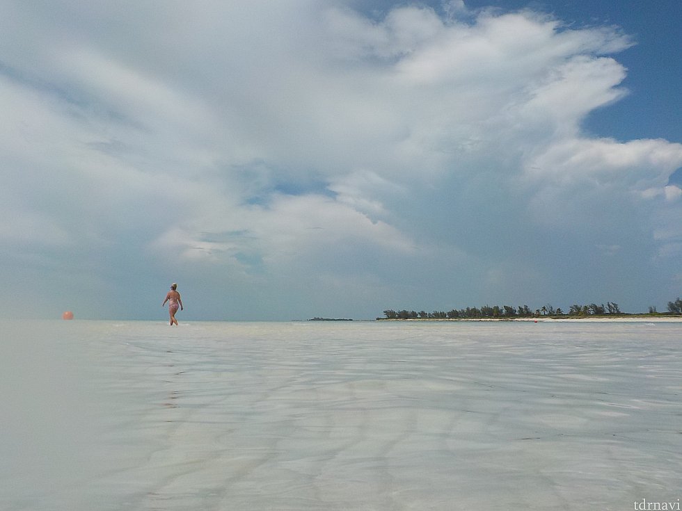 大人エリアは、遠浅の海。
こちらは透明度抜群です。
ずっと先まで歩いて行けるので映画のような体験ができます。
ディズニー色は薄めですが、バハマの海を感じるのであればこちらが一番です。やはり島の最後はここで〆。