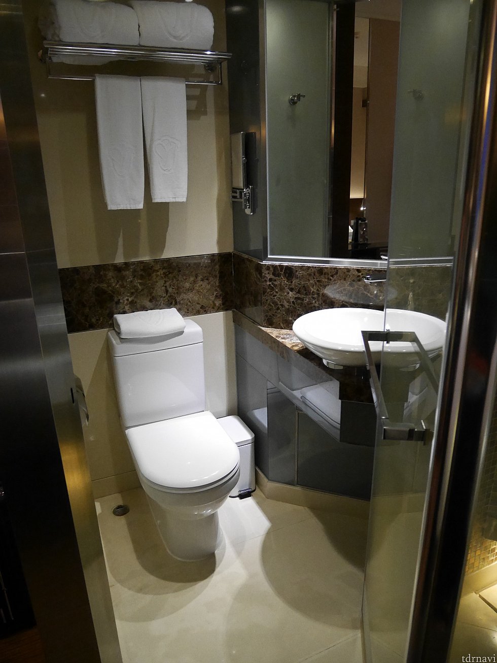 洗面所とトイレはかなり狭め。洗面器が小さかったので、顔を洗うとびしょびしょに😅