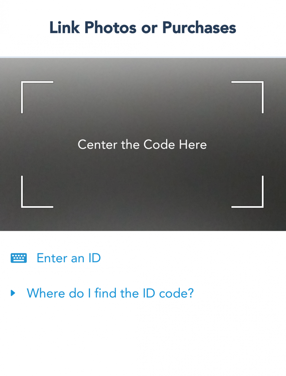 2つ前の写真のコードの下の『Link Photo,Card or Purchase』をタップするとこの画面になるので、『Enter an ID』をタップ…