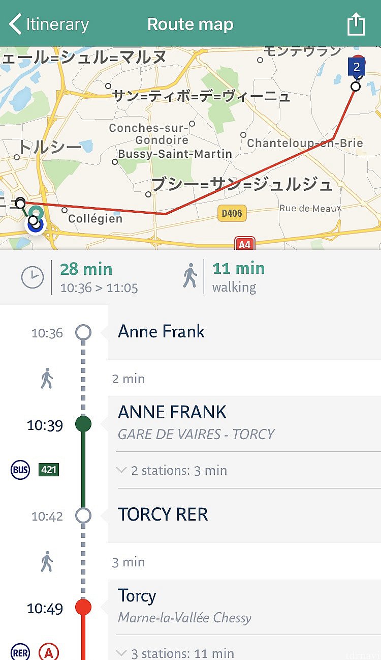 経路の地図と時間詳細が表示されます