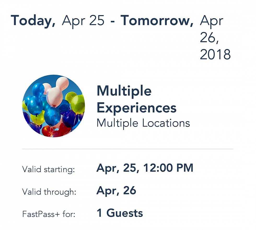 アトラクションの予約時間が近づくとWDWアプリにこちらの「Multiple Experiences」が表示されました。こちらの画面で使用できるロケーションと有効期限の確認ができます。