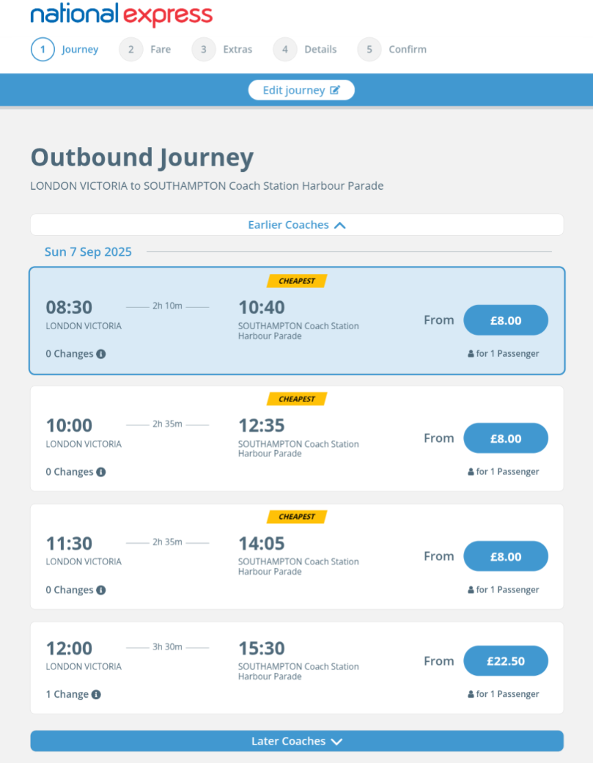 National expressの予約画面(ロンドンビクトリアコーチステーション-サウサンプトン)