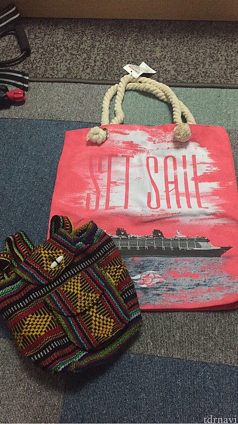 左のリュックは値切って買いました。形に残るメキシコ土産はこれしか買ってません(しかも友人の娘2歳児用で自分用じゃない)。クルーズのトートは安売りしてたので友人にお土産。のつもりが娘2歳児に取られたらしい。