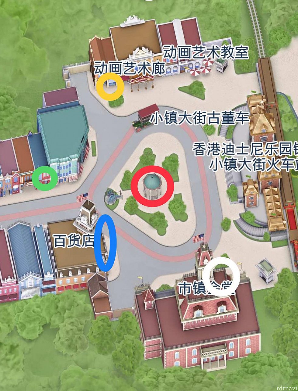 赤丸がミキミニ、青丸がドナデジ、黄丸はチップ&デール、緑丸がダッフィー達、白丸がベイマックス&ヒロです。