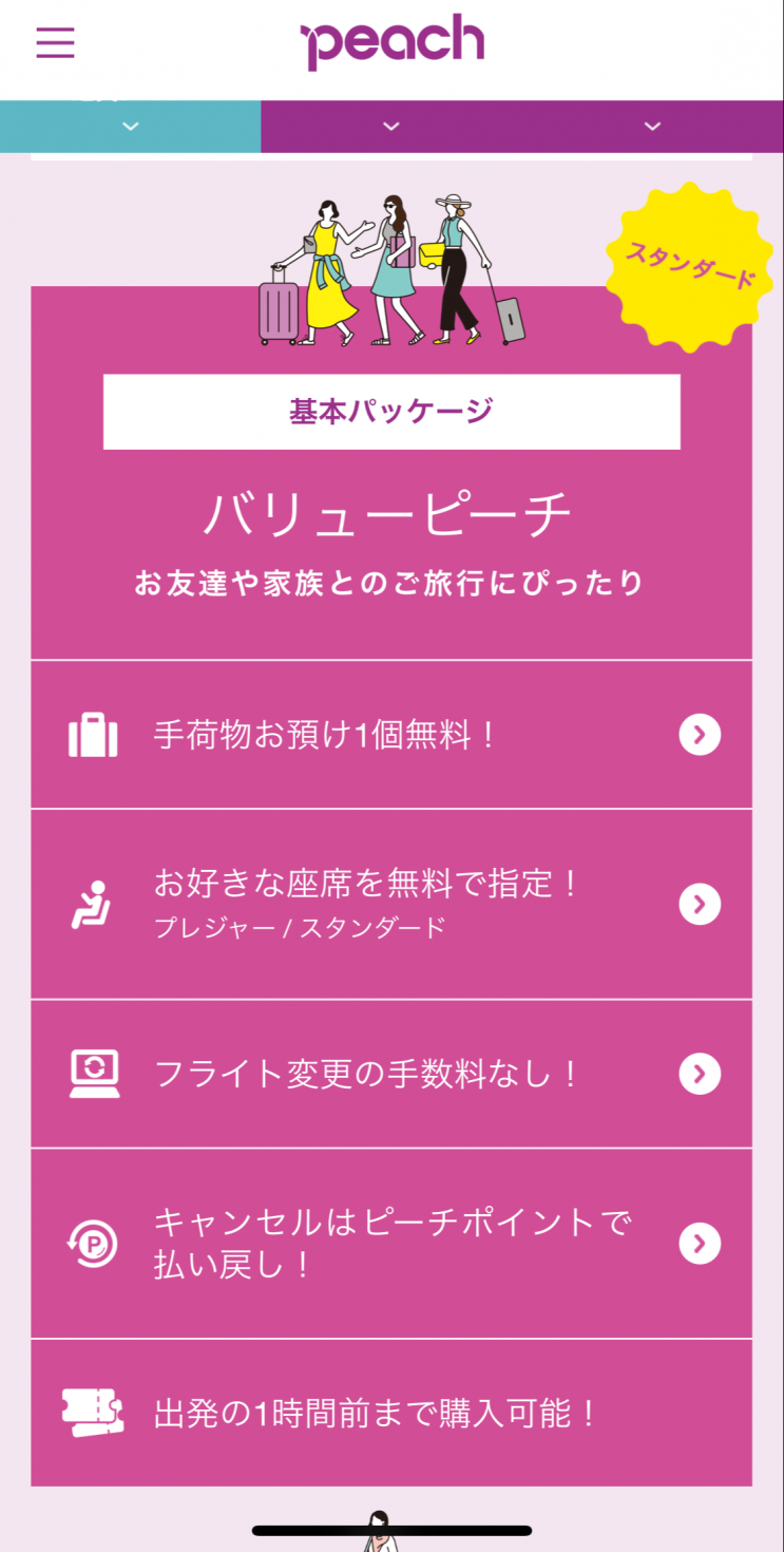 バリューピーチの内容です。このプランならフルキャリアとの差は機内食くらいになりますよね。