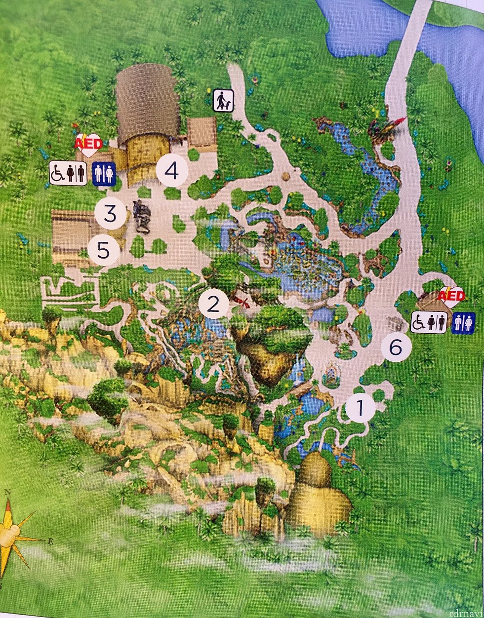 地図で見ると、1番のところが Na'vi River Journeyの入口です。