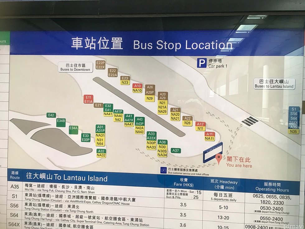 香港国際空港バス乗り場。空港から乗ると、バス停を降りてからも少し歩きます。空港行きバス降り場はS1バス停付近なので、すぐ空港ビル内に入れます