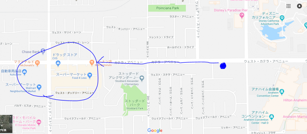 歩いていけばウォルマートなどのショップ群も