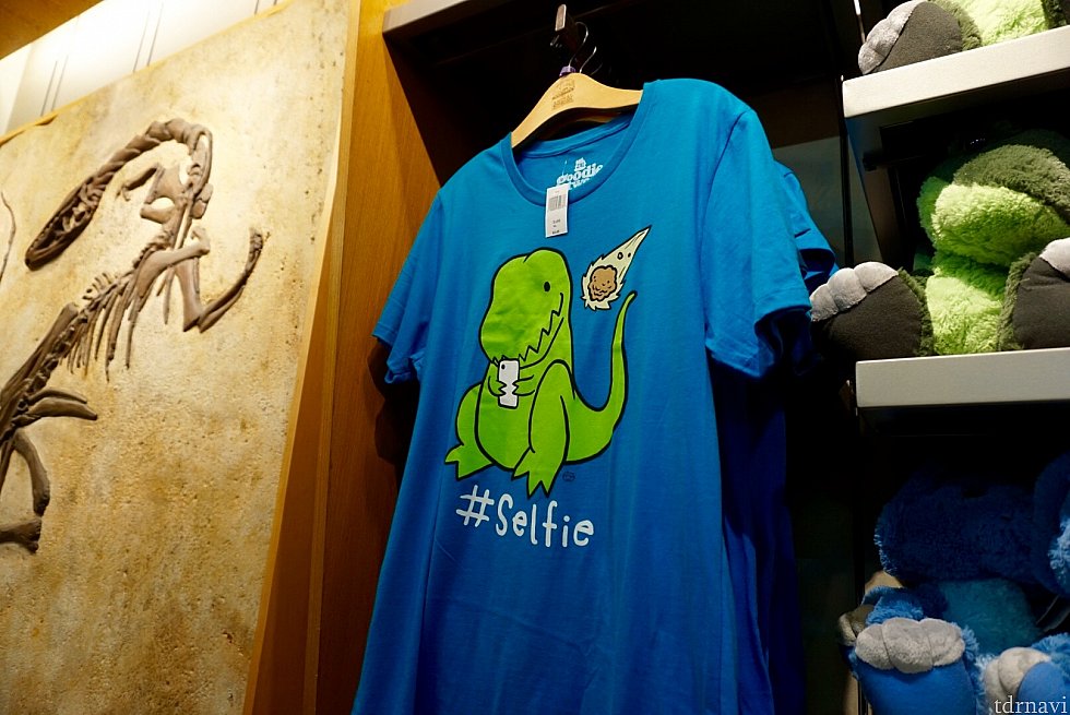 最近のダイナソーグッズはユーモアが効いているものも結構あり、面白いです。このTシャツは、迫り来る隕石と自撮りしようとしている恐竜さん。