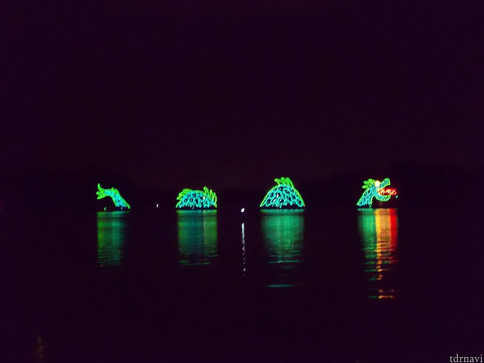 夜が更けてくると、マジックキングダムの前の湖「セブンシーズラグーン」で水上ショーが始まります。
ウォーターページェントは、エレクトリカルパレードの元となった伝統ある水上パレードです。