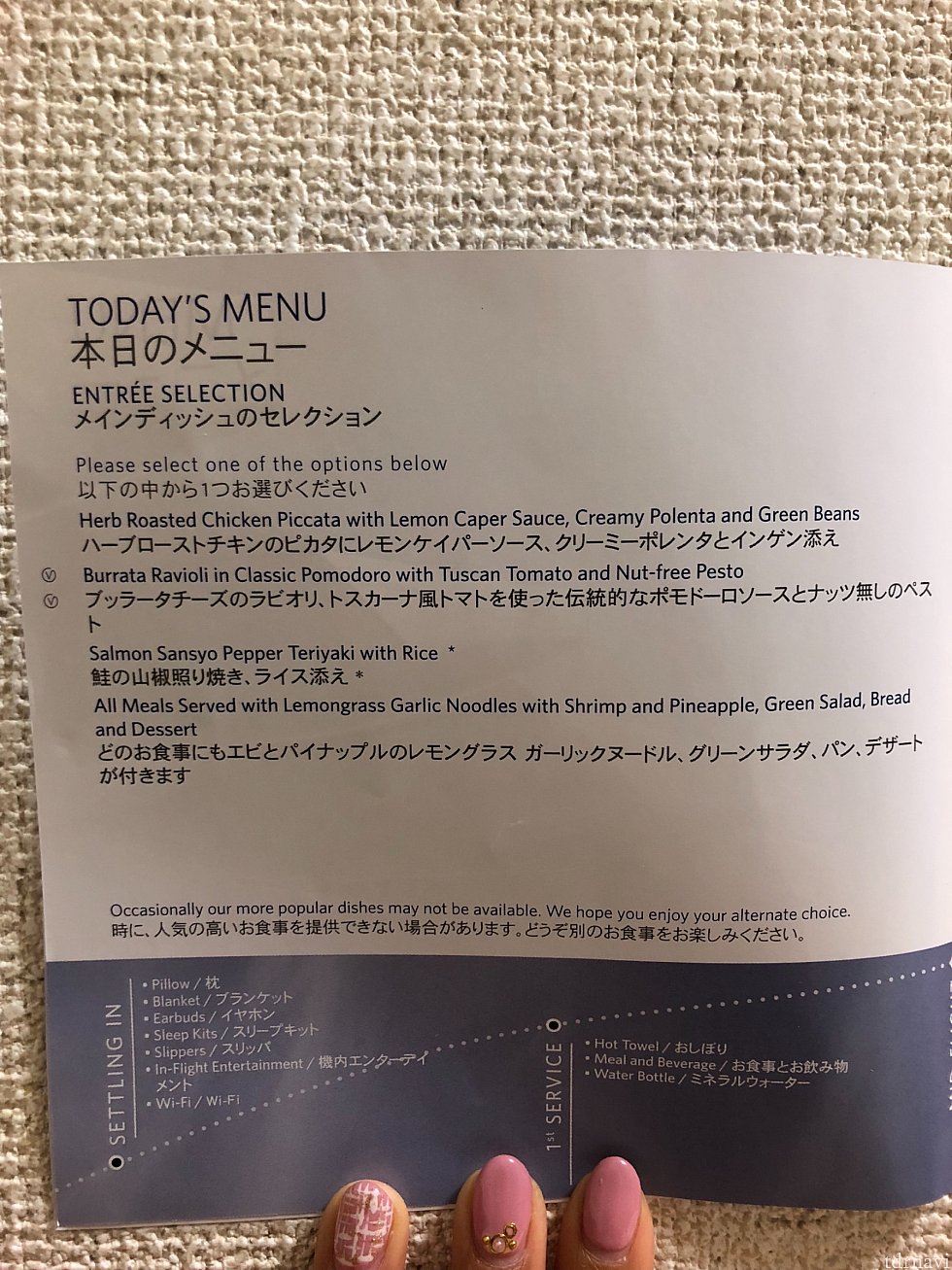 帰りの便のメニューです。ベジタリアンフードはリクエストしていないと残っていません。