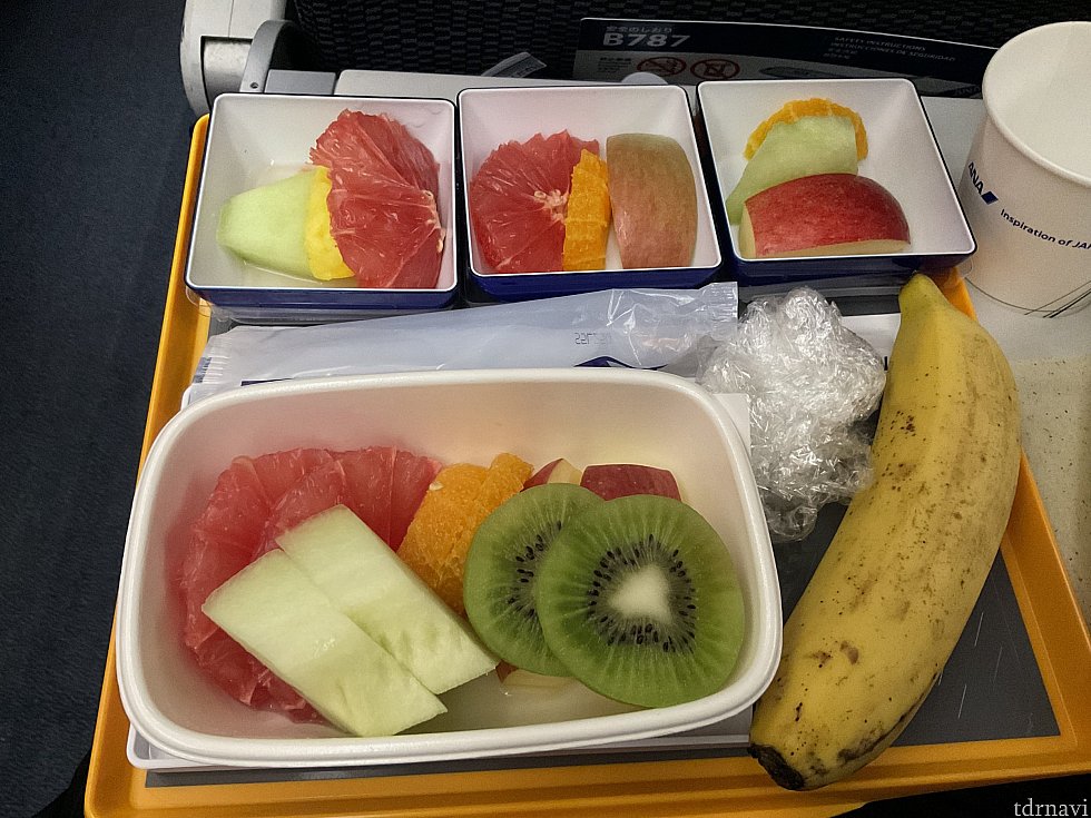 フライトが遅かったので、夕飯は事前にモリモリフルーツミールを注文していました。手前の大きいのを半分食べたところでアナウンス…