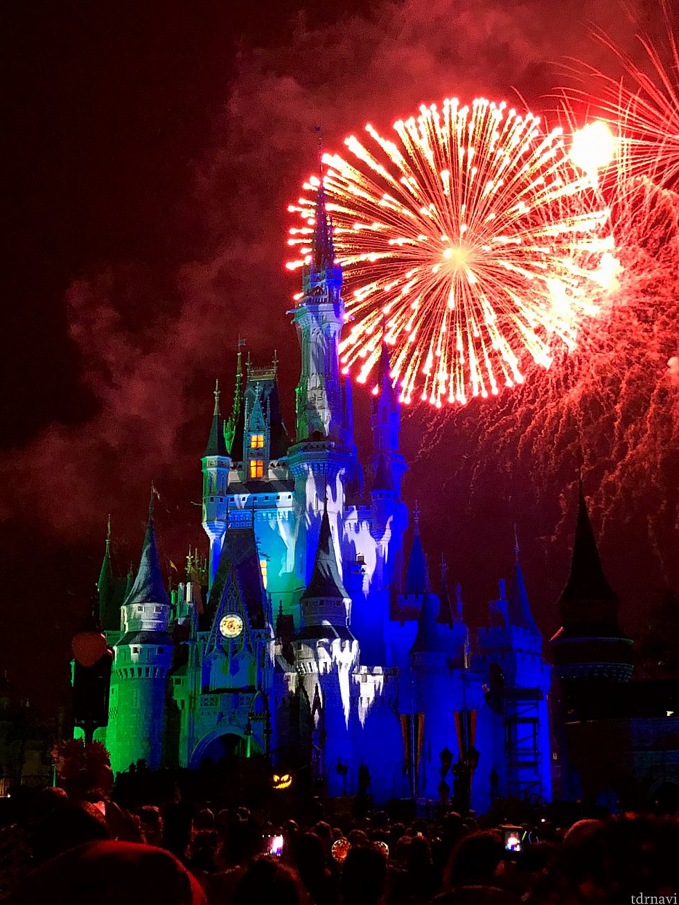 スペシャルバージョンの花火、「Happy Hallowishes」はこの日一度だけなので、キャッスル前は凄い混雑でした。クライマックスは色々な方向から花火が上がってかなりの盛り上がりでした。