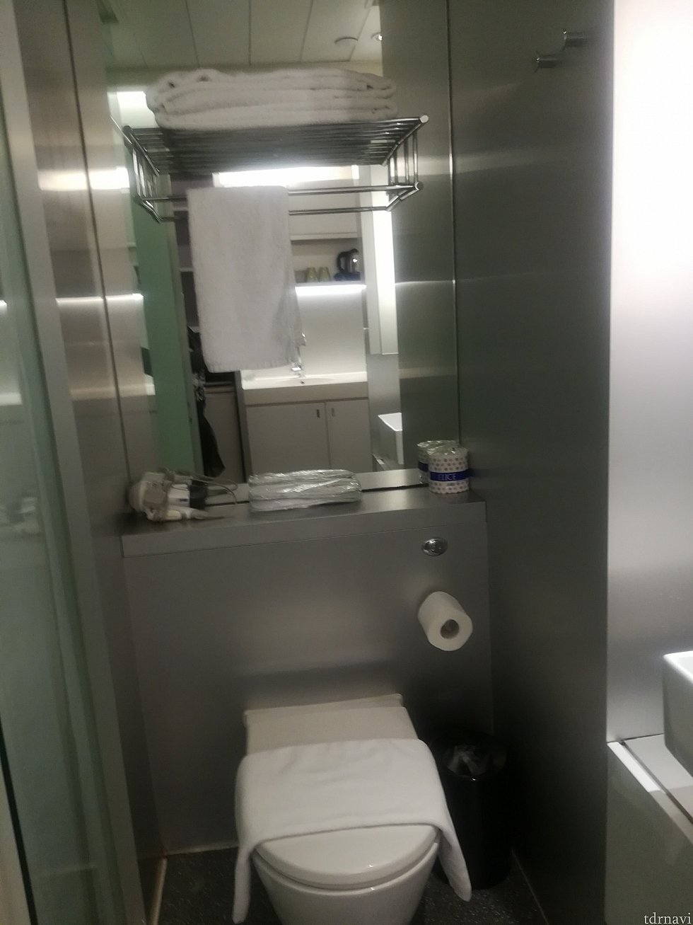 洗面台の隣にはトイレ。
トイレの上の棚にドライヤー、スリッパ、タオルがありました。
