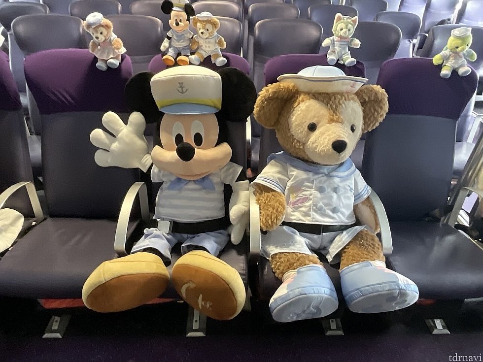 ミッキーとダッフィー！コスチュームを着たジャンボサイズは非売品ですが、上の小さいぬいぐるみは販売しています