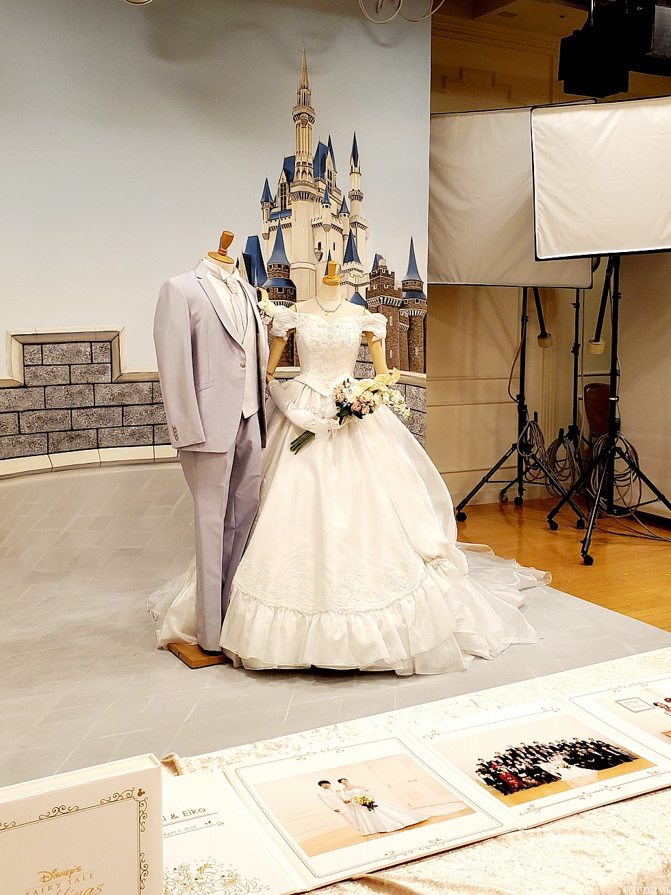 こちらは白雪姫の様な可愛いドレス🍎<br>
フォトスタジオでは、様々なウェディングプランを写真で紹介してくれます。